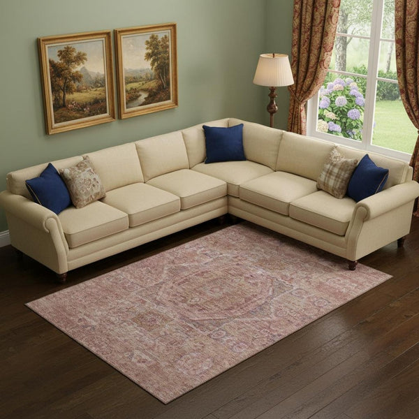 HomeRoots 10' Salmon & Beige Oriental Washable Area Rug - UV Protected, Stain Resistant, Durable for Active Homes 699885