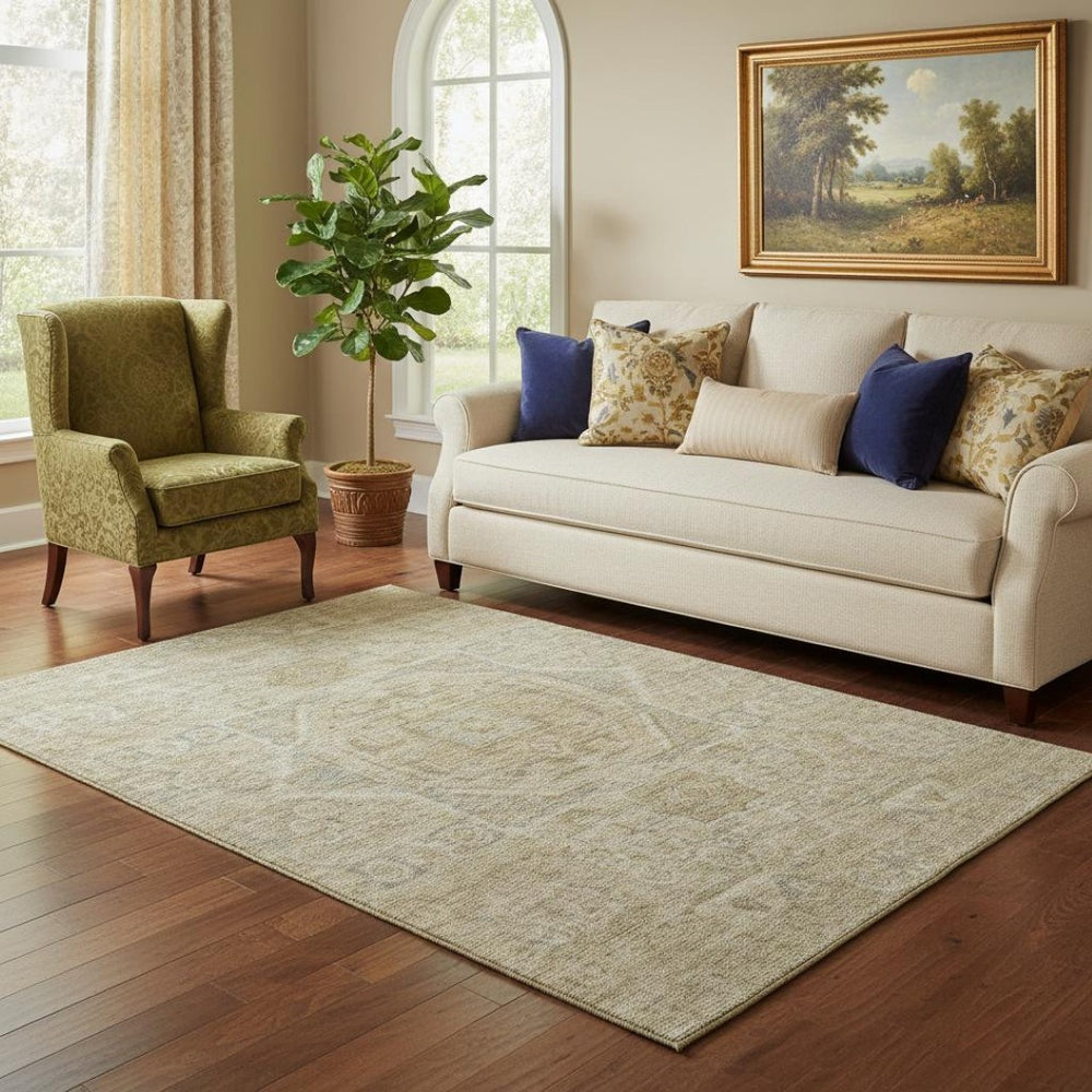 HomeRoots 5' X 8' Tan and Beige Oriental Area Rug – Washable, UV Protected, Durable for Busy Homes & Pets 699887