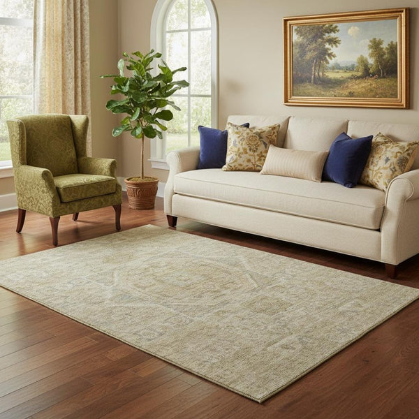 HomeRoots 5' X 8' Tan and Beige Oriental Area Rug – Washable, UV Protected, Durable for Busy Homes & Pets 699887
