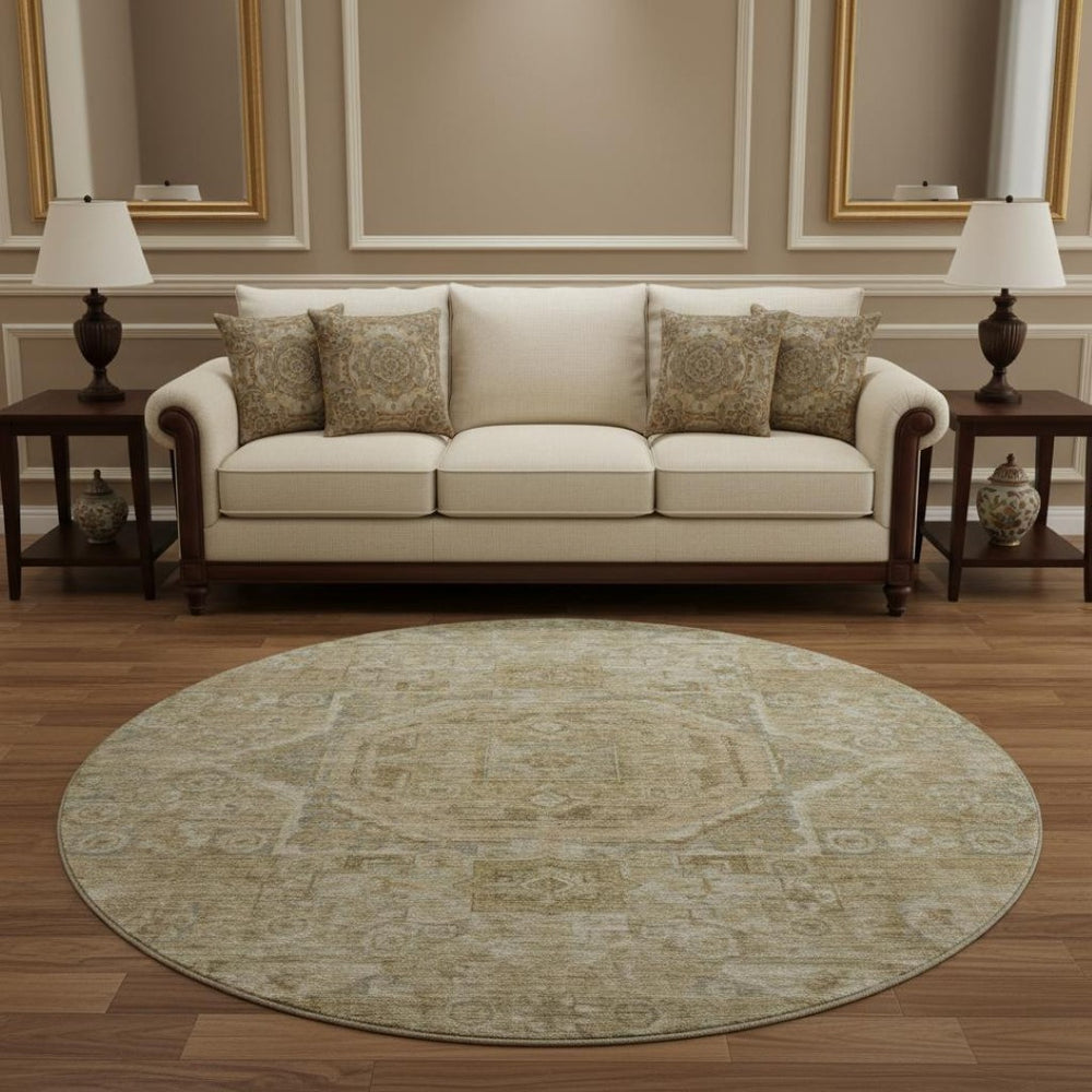 HomeRoots 8' Tan and Beige Oriental Round Rug - Durable, Washable, UV Protected for Family Living Spaces 699888