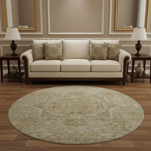HomeRoots 8' Tan and Beige Oriental Round Rug - Durable, Washable, UV Protected for Family Living Spaces 699888