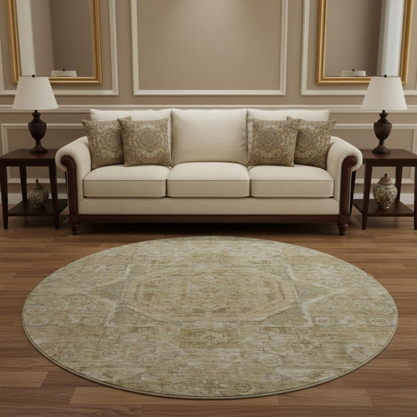 HomeRoots 8' Tan and Beige Oriental Round Rug - Durable, Washable, UV Protected for Family Living Spaces 699888