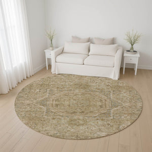 HomeRoots 8' Tan and Beige Oriental Round Rug - Durable, Washable, UV Protected for Family Living Spaces 699888