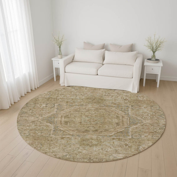HomeRoots 8' Tan and Beige Oriental Round Rug - Durable, Washable, UV Protected for Family Living Spaces 699888