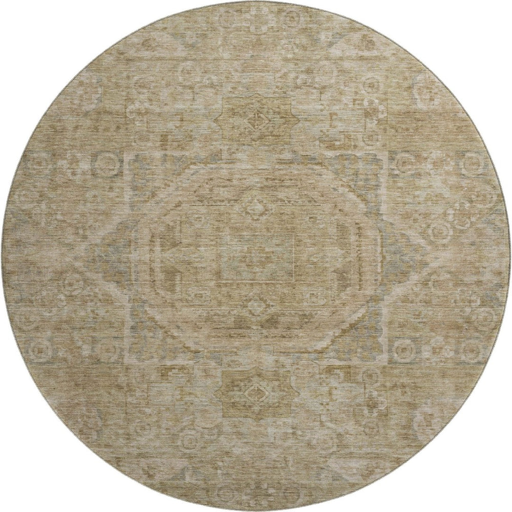HomeRoots 8' Tan and Beige Oriental Round Rug - Durable, Washable, UV Protected for Family Living Spaces 699888