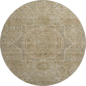 HomeRoots 8' Tan and Beige Oriental Round Rug - Durable, Washable, UV Protected for Family Living Spaces 699888