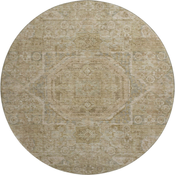HomeRoots 8' Tan and Beige Oriental Round Rug - Durable, Washable, UV Protected for Family Living Spaces 699888