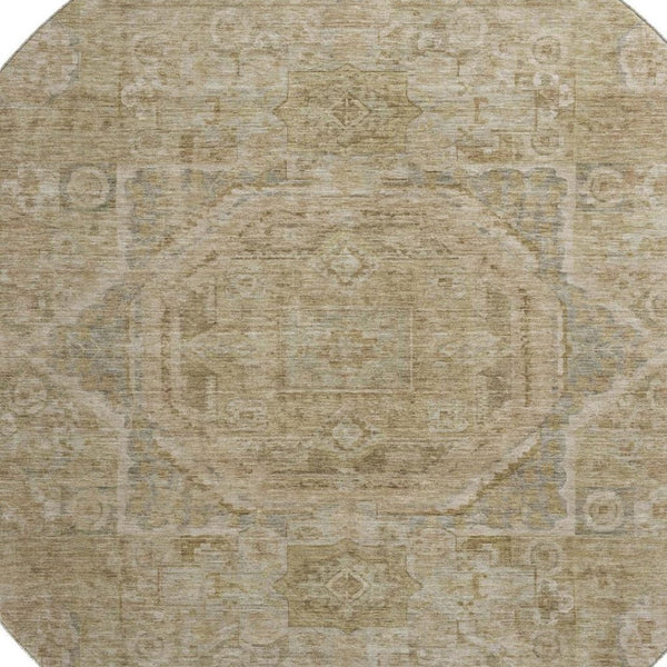 HomeRoots 8' Tan and Beige Oriental Round Rug - Durable, Washable, UV Protected for Family Living Spaces 699888