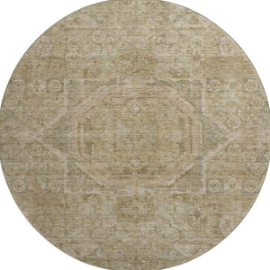 HomeRoots 8' Tan and Beige Oriental Round Rug - Durable, Washable, UV Protected for Family Living Spaces 699888