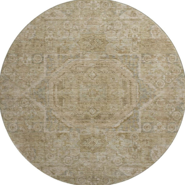 HomeRoots 8' Tan and Beige Oriental Round Rug - Durable, Washable, UV Protected for Family Living Spaces 699888