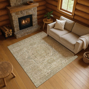 HomeRoots 9' X 12' Tan and Beige Oriental Area Rug - Washable, UV-Protected, Stain-Resistant & Durable Design 699890