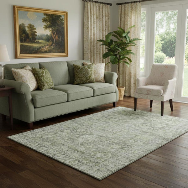 HomeRoots 5' X 8' Artichoke Green & Gray Washable Area Rug - UV Protected, Durable & Stylish for Every Space 699893