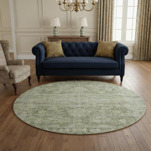 HomeRoots 8' Artichoke Green and Gray Oriental Round Rug - Washable, Durable, UV-Protected for High-Traffic Areas 699894