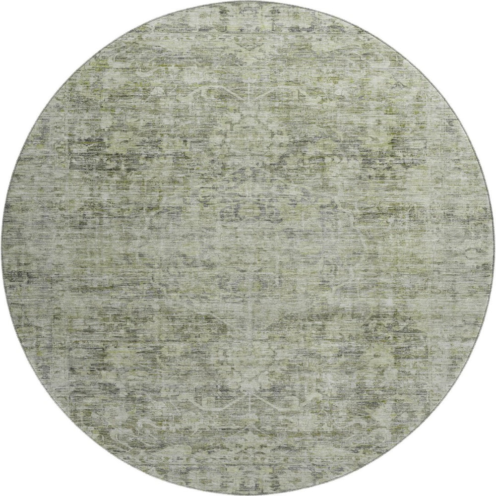 HomeRoots 8' Artichoke Green and Gray Oriental Round Rug - Washable, Durable, UV-Protected for High-Traffic Areas 699894