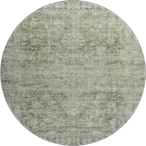 HomeRoots 8' Artichoke Green and Gray Oriental Round Rug - Washable, Durable, UV-Protected for High-Traffic Areas 699894