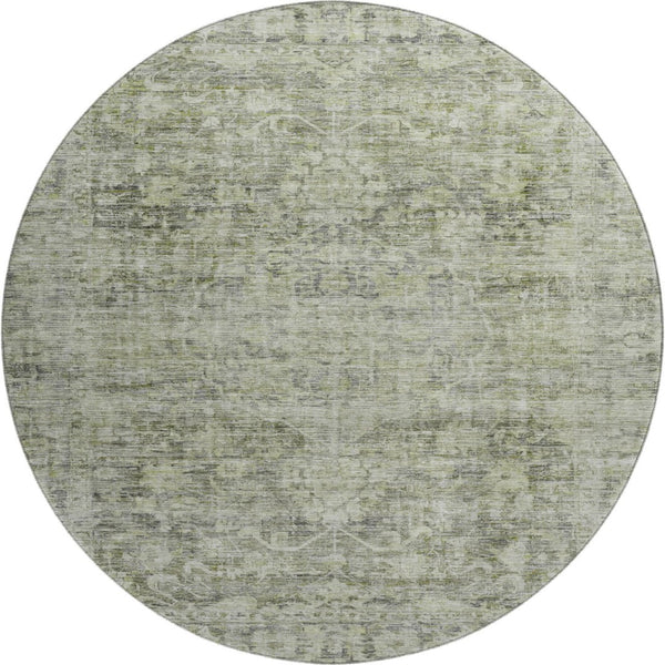HomeRoots 8' Artichoke Green and Gray Oriental Round Rug - Washable, Durable, UV-Protected for High-Traffic Areas 699894