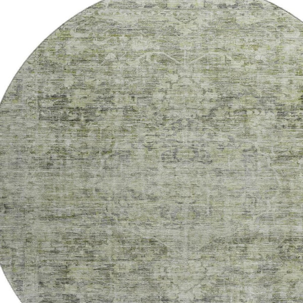 HomeRoots 8' Artichoke Green and Gray Oriental Round Rug - Washable, Durable, UV-Protected for High-Traffic Areas 699894
