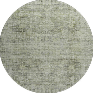 HomeRoots 8' Artichoke Green and Gray Oriental Round Rug - Washable, Durable, UV-Protected for High-Traffic Areas 699894
