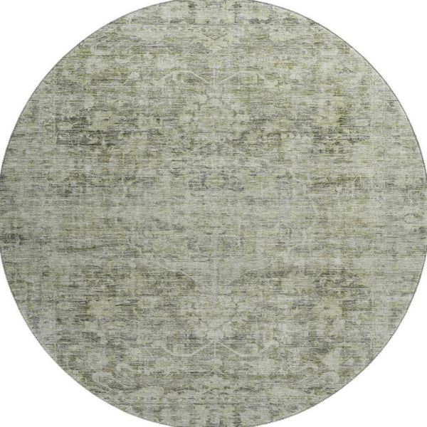 HomeRoots 8' Artichoke Green and Gray Oriental Round Rug - Washable, Durable, UV-Protected for High-Traffic Areas 699894