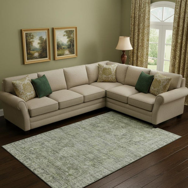 HomeRoots 9' X 12' Artichoke Green & Gray Oriental Area Rug – Durable, Stain Resistant, UV Protected Elegance 699896