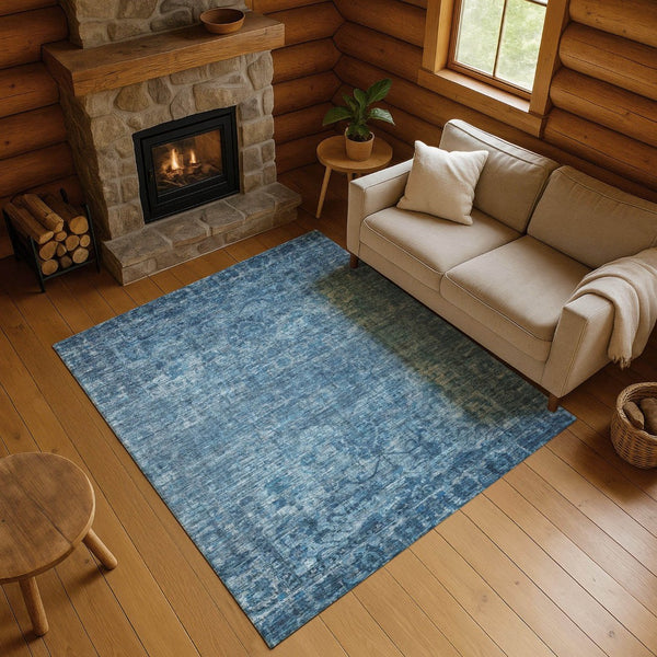 HomeRoots 5' Blue & Navy Oriental Washable Area Rug - Durable, Stain-Resistant, UV Protected for Any Space 699899