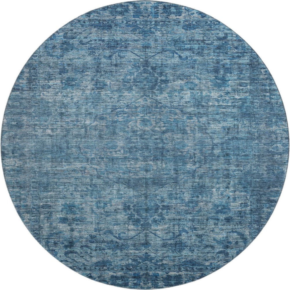 HomeRoots 8' Blue and Navy Oriental Washable Round Rug - Durable, Stain-Resistant, UV Protected for High Traffic Areas 699900