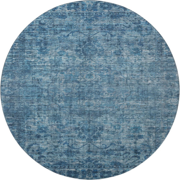 HomeRoots 8' Blue and Navy Oriental Washable Round Rug - Durable, Stain-Resistant, UV Protected for High Traffic Areas 699900