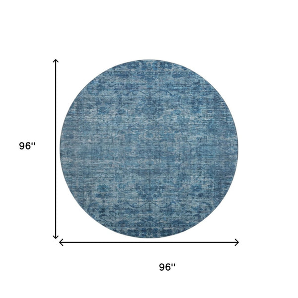 HomeRoots 8' Blue and Navy Oriental Washable Round Rug - Durable, Stain-Resistant, UV Protected for High Traffic Areas 699900