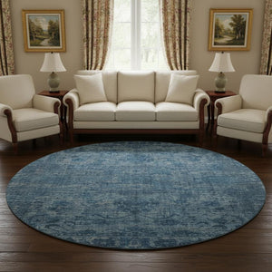 HomeRoots 8' Blue and Navy Oriental Washable Round Rug - Durable, Stain-Resistant, UV Protected for High Traffic Areas 699900
