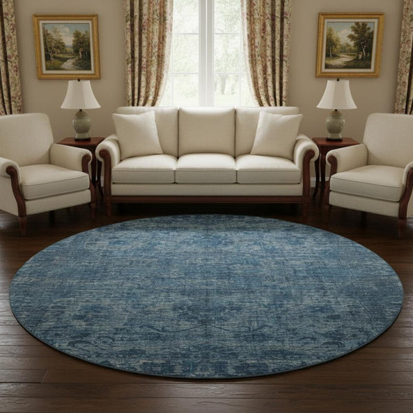 HomeRoots 8' Blue and Navy Oriental Washable Round Rug - Durable, Stain-Resistant, UV Protected for High Traffic Areas 699900