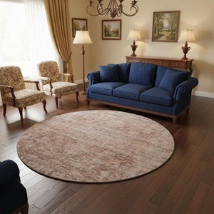HomeRoots 8' Washable Oriental Round Rug in Rust & Beige – UV Protected, Stain Resistant, and Durable Design 699912