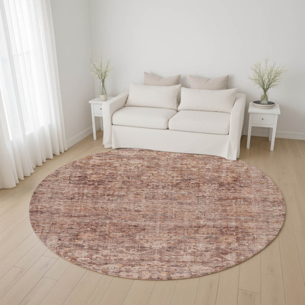 HomeRoots 8' Washable Oriental Round Rug in Rust & Beige – UV Protected, Stain Resistant, and Durable Design 699912