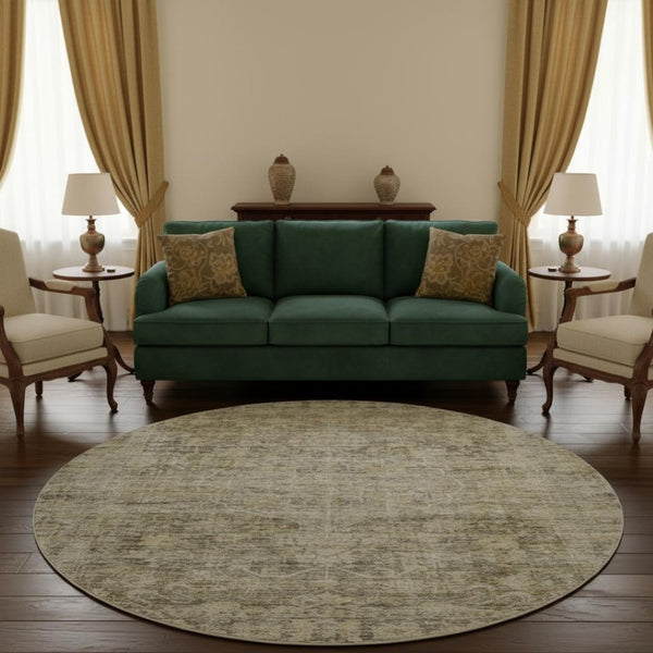 HomeRoots 8' Elegant Pewter and Silver Oriental Round Rug with Stain Resistance, UV Protection & Easy Care 699918
