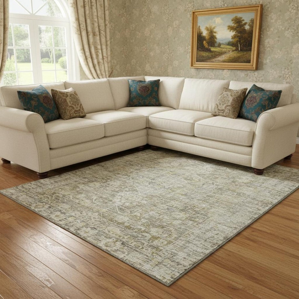HomeRoots 8' X 10' Pewter and Silver Oriental Area Rug - Washable, UV-Protected, Durable, Stain-Resistant Design 699919