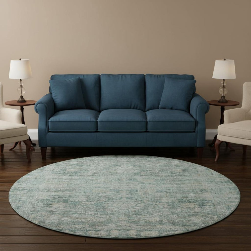 HomeRoots 8' Elegant Teal and Beige Oriental Round Rug - Washable, Stain-Resistant, UV Protected for Homes 699924
