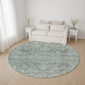 HomeRoots 8' Elegant Teal and Beige Oriental Round Rug - Washable, Stain-Resistant, UV Protected for Homes 699924