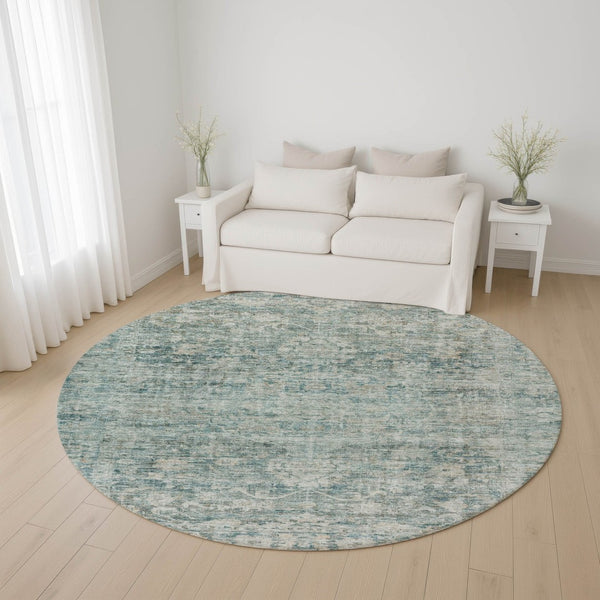 HomeRoots 8' Elegant Teal and Beige Oriental Round Rug - Washable, Stain-Resistant, UV Protected for Homes 699924