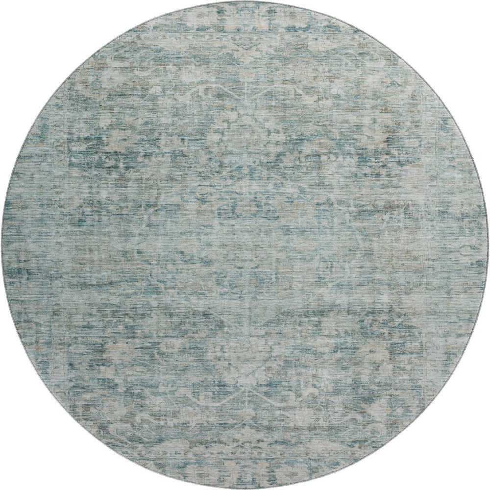 HomeRoots 8' Elegant Teal and Beige Oriental Round Rug - Washable, Stain-Resistant, UV Protected for Homes 699924