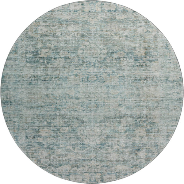 HomeRoots 8' Elegant Teal and Beige Oriental Round Rug - Washable, Stain-Resistant, UV Protected for Homes 699924