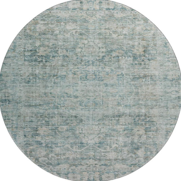 HomeRoots 8' Elegant Teal and Beige Oriental Round Rug - Washable, Stain-Resistant, UV Protected for Homes 699924