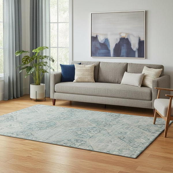 HomeRoots 5' X 8' Stylish Blue-Gray & Silver Geometric Washable Area Rug with UV Protection for High-Traffic Areas 699929