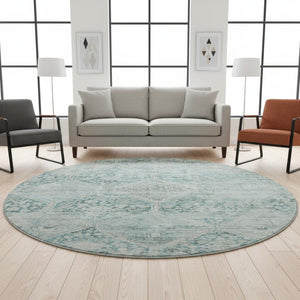 HomeRoots 8' Blue Gray and Silver Geometric Washable Round Rug - Durable, Stylish, Stain Resistant, UV Protected 699930