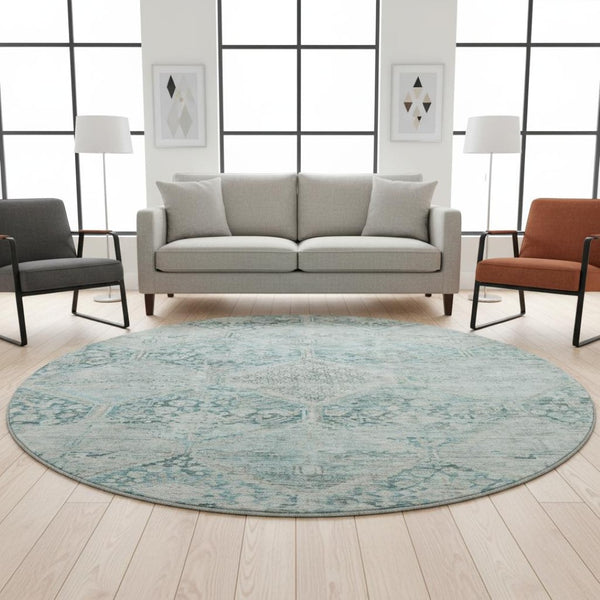 HomeRoots 8' Blue Gray and Silver Geometric Washable Round Rug - Durable, Stylish, Stain Resistant, UV Protected 699930