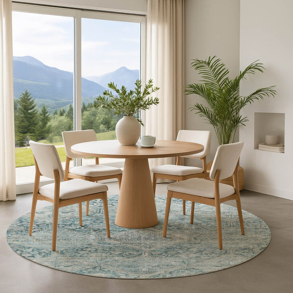 HomeRoots 8' Blue Gray and Silver Geometric Washable Round Rug - Durable, Stylish, Stain Resistant, UV Protected 699930