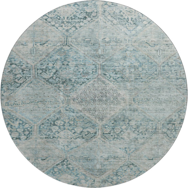 HomeRoots 8' Blue Gray and Silver Geometric Washable Round Rug - Durable, Stylish, Stain Resistant, UV Protected 699930