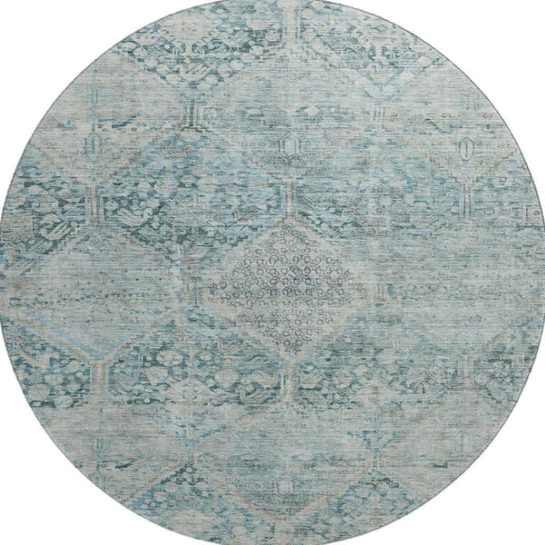 HomeRoots 8' Blue Gray and Silver Geometric Washable Round Rug - Durable, Stylish, Stain Resistant, UV Protected 699930