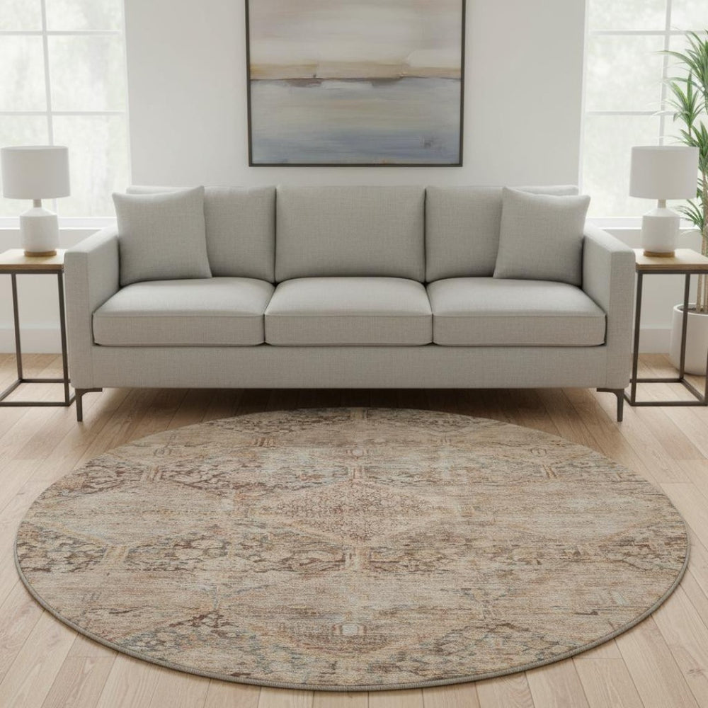 HomeRoots 8' Copper and Gray Geometric Round Rug - Washable, Stain-Resistant, UV Protected for Busy Homes! 699936