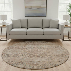 HomeRoots 8' Copper and Gray Geometric Round Rug - Washable, Stain-Resistant, UV Protected for Busy Homes! 699936