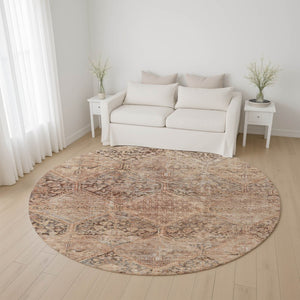 HomeRoots 8' Copper and Gray Geometric Round Rug - Washable, Stain-Resistant, UV Protected for Busy Homes! 699936