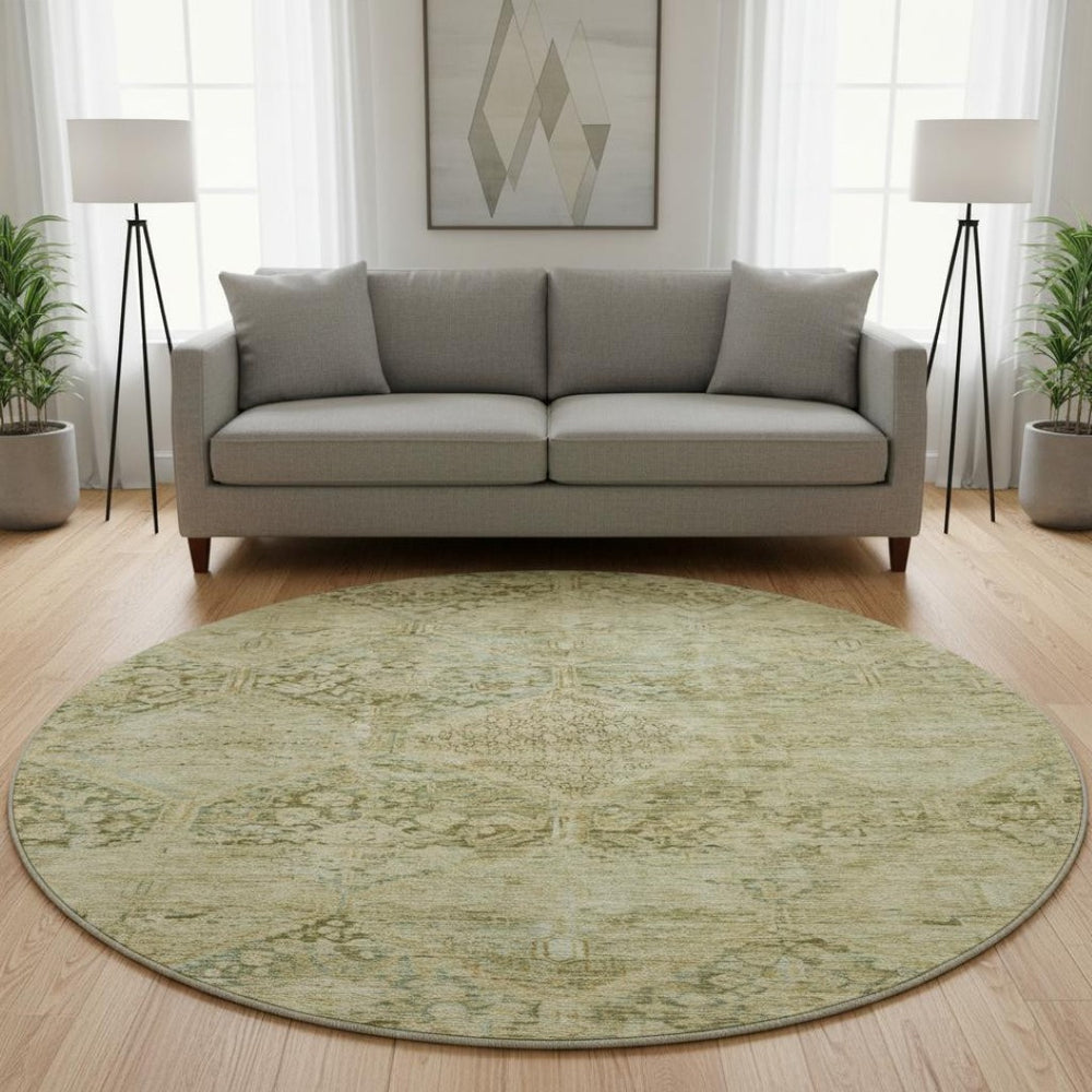 HomeRoots 8' Modern Geometric Washable Round Rug in Fern & Olive Green - UV Protected, Stain-Resistant & Durable 699942